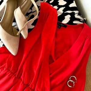 Red mini dress, plunging v neck